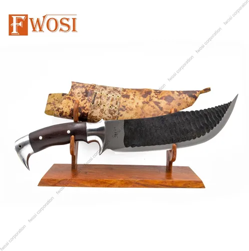 Vista 6 de Kukri Blade - Cuchillo de hoja fija, cuchillo machete Kukri - acero de alto carbono de Leafspring - Mango de palisandro - Funda de cuero marrón