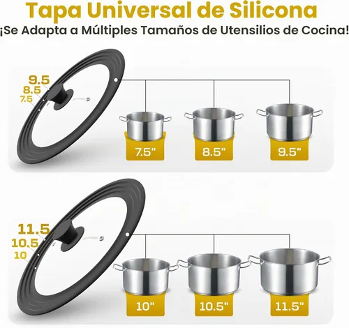 Vista 2 de Tapa universal para ollas y sartenes de 7.5 a 11.5 pulgadas, juego de tapas de vidrio templado con borde de silicona de tamaño automático, 2 Negro