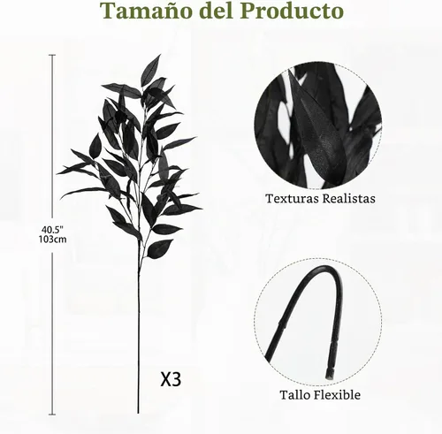Vista 2 de DILATATA Rama de Eucalipto Artificial Negro de 32 pulgadas, Hojas de Eucalipto de Otoño, Ramas de Hojas de Otoño, Tallos Artificiales de Otoño