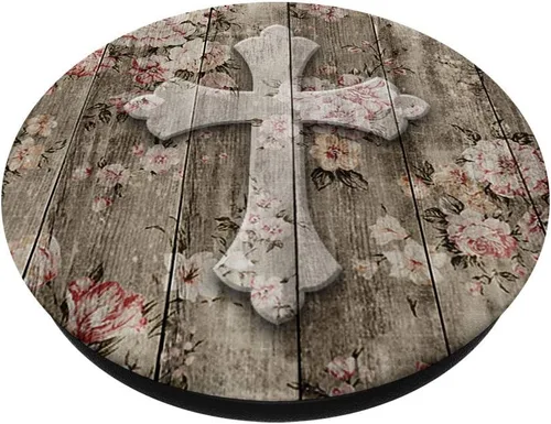 Vista 2 de Christian Cross – Pretty rosa blanco flores en madera – PopSockets agarre y soporte para teléfonos y tabletas