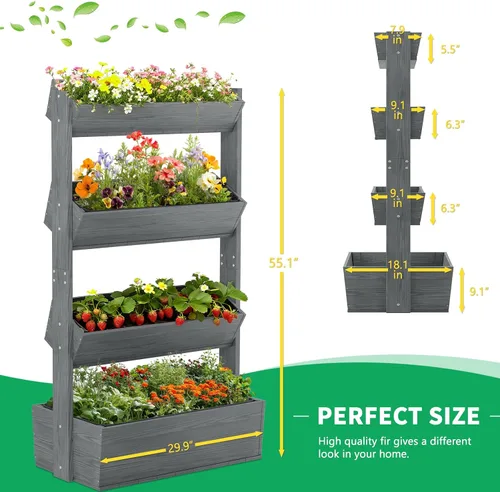 Vista 6 de DoCred Cama de jardín vertical elevada de madera, 4 niveles mejorados, soporte de madera independiente para plantas, hierbas, flores, verduras