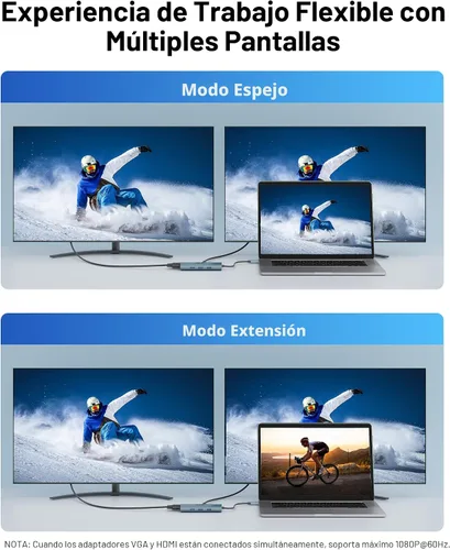 Vista 6 de Acer Hub USB C con HDMI 4k, adaptador USB C 9 en 1 a Ethernet, estación de acoplamiento USBA 3.0 de 5 Gbps, divisor VGA, lector de tarjetas SD, Gris