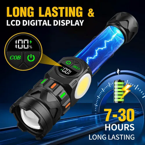 Vista 13 de Linternas recargables de alto lúmenes 5000 de larga distancia, luces LED superbrillantes con luz lateral COB pantalla LCD USB C, fuente de luz dual