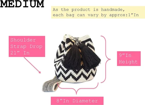 Vista 3 de Mochila Wayuu original para mujer, bolsos boho colombianos, hechos a mano con grandes borlas de aspecto agradable