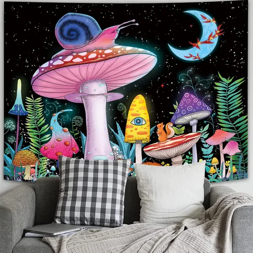 Vista 3 de ZYLLGLOW Tapiz de hongos trippy, tapiz de luna y estrellas, tapiz rosa de caracol, tapiz de plantas y hojas de fantasía, tapices de ojos trippy