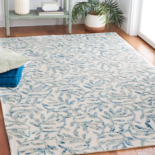 Vista 9 de SAFAVIEH Jardin Collection Alfombra de pasillo, 2 pies 3 pulgadas x 8 pies, marfil y azul, lana floral hecha a mano, ideal para zonas de alto