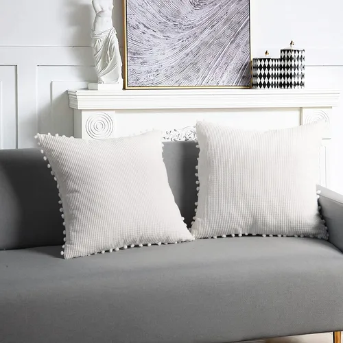 Vista 2 de Juego de 2 fundas de almohada decorativas de pana con pompones, 18 x 18 pulgadas, fundas de cojín suaves de rayas de maíz sólido para sofá sala