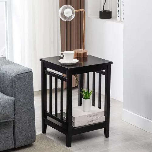 Vista 6 de DUHOME Mesa auxiliar de granja, mesa auxiliar de madera con estante de almacenamiento, mesita de noche, mesa cuadrada para sofá para sala de estar