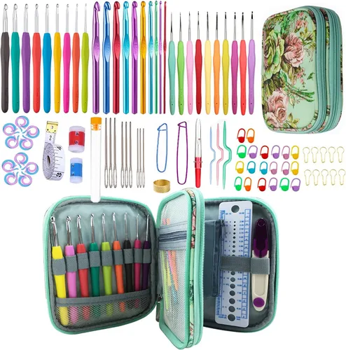 Vista 10 de Juego de 100 ganchos de ganchillo en estuche con mango ergonómico de agarre suave, hilo para tejer, agujas de tejer, kit de accesorios para agujas