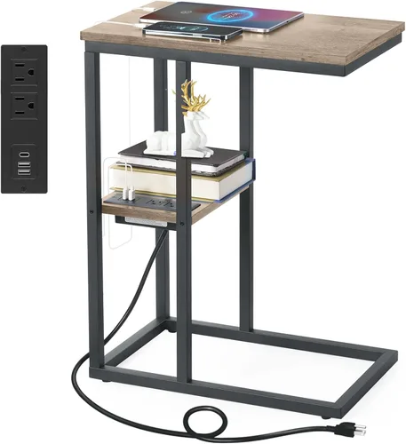 Vista 10 de Vagusicc Mesa auxiliar en forma de C con estación de carga, mesa auxiliar pequeña para sofá, mesa auxiliar de aperitivos con puertos USB y salidas