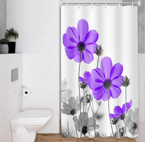 Vista 45 de MERCHR Cortina única floral azul para decoración de baño, cortina de ducha estilo granja con flores de margarita azul y gris elegantes y diseño
