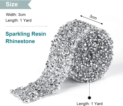 Vista 5 de Rollo de cinta de cristal de diamantes de imitación con adhesivo, 1.2 in x 1 yarda, banda de decoración plateada brillante para bodas, fiestas
