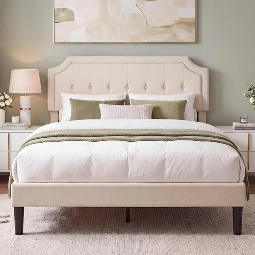 Vista 11 de VECELO - Base de cama tapizada con plataforma individual con cabecera ajustable de panel cosido con botones, fuerte soporte de listones de madera