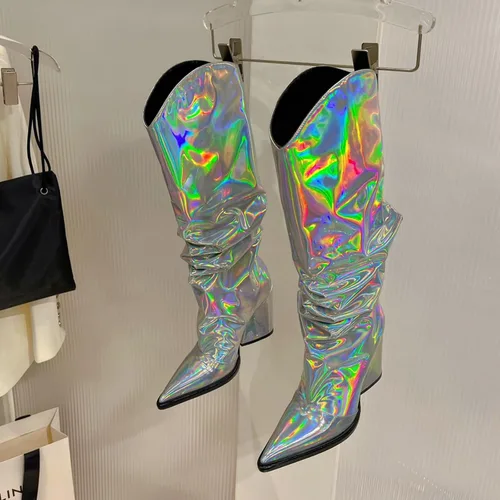 Vista 20 de Vertundy Botas altas hasta la rodilla metálicas con punta puntiaguda para mujer, botas altas de tacón alto de charol plisadas, botas largas plisadas