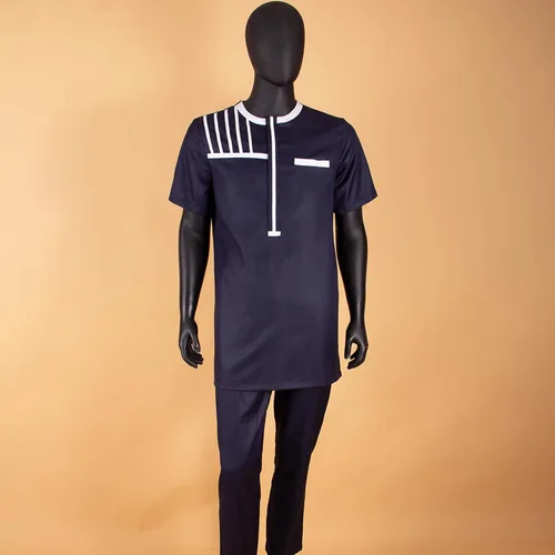 Vista 2 de Ropa africana para hombre, blusa casual de manga corta, pantalones, conjunto de 2 piezas, Bazin Riche, bolsillos, chándal para hombre, camisa