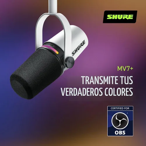 Vista 7 de Shure Micrófono dinámico MV7+ para podcast, certificado OBS, audio mejorado, panel LED, salidas USB-C y XLR, modo de nivel automático, filtro
