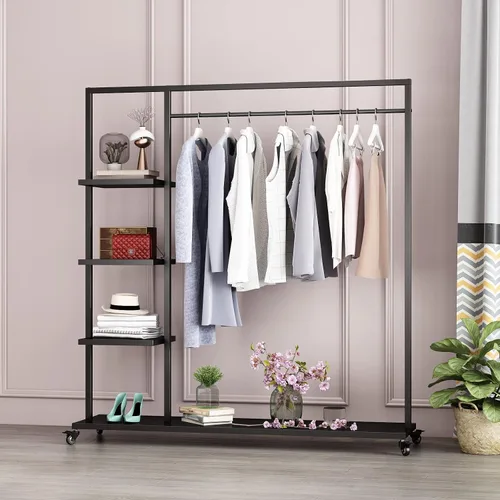 Vista 2 de Percheros de ropa negros con estante, perchero de ropa para boutiques, percheros industriales resistentes, exhibición de múltiples usos