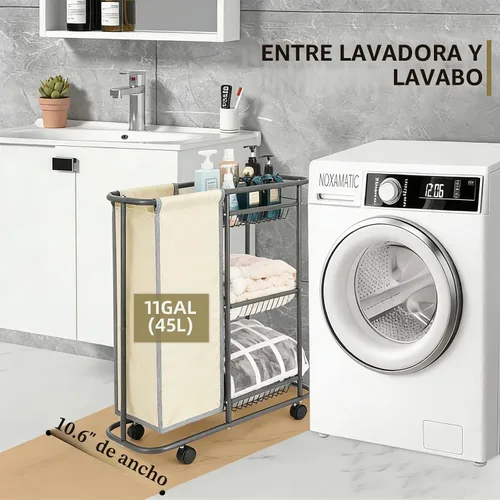 Vista 2 de Carrito de lavandería estrecho de 3 niveles con ruedas 45L para dormitorio Beige