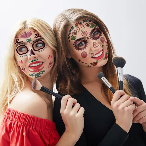 Vista 7 de Tatuajes faciales temporales de Halloween (paquete de 8 unidades), Konsait Día de los Muertos, calavera de azúcar, floral, negro, esqueleto, red