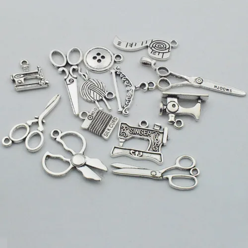 Vista 3 de Youdiyla Colección de 68 dijes de costura plateados, mezcla de hilo de tijera antiguos, hilo de tijera, colgante, suministros de metal, hallazgos