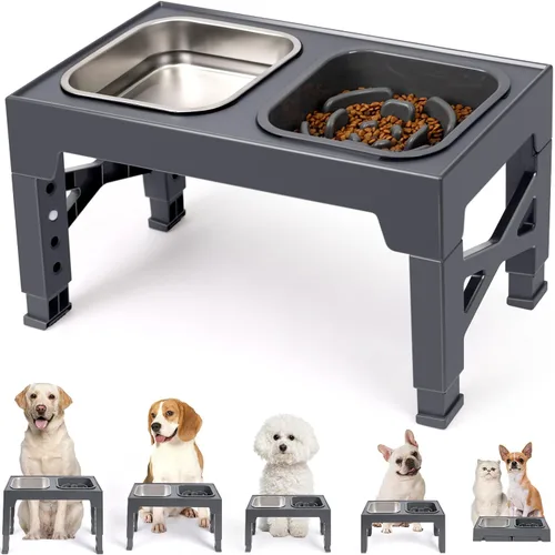 Vista 8 de Niubya Cuencos elevados para perros con 2 cuencos de comida de acero inoxidable para perros, cuenco elevado para perros que se ajusta a 5 alturas
