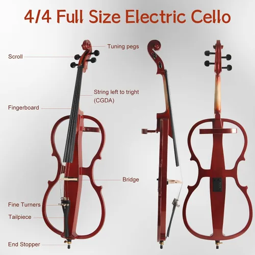 Vista 2 de Violonchelo eléctrico, violonchelo silencioso de tamaño completo 4/4 con conector para auriculares y bolsa de transporte, violonchelo profesional
