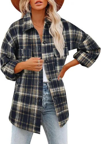 Vista 16 de Beaully Chaqueta-Camisa de Franela a Cuadros para Mujer, Trajes de Otoño 2025, Camisa de Manga Larga con Botones, Chaqueta Abrigo con Bolsillos Negro