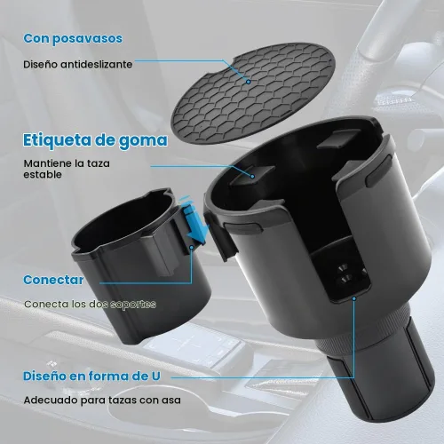 Vista 3 de Expansor de portavasos de automóvil 2 en 1, adaptador extensor ajustable para automóvil con base antideslizante, extensor de portavasos antiderrames