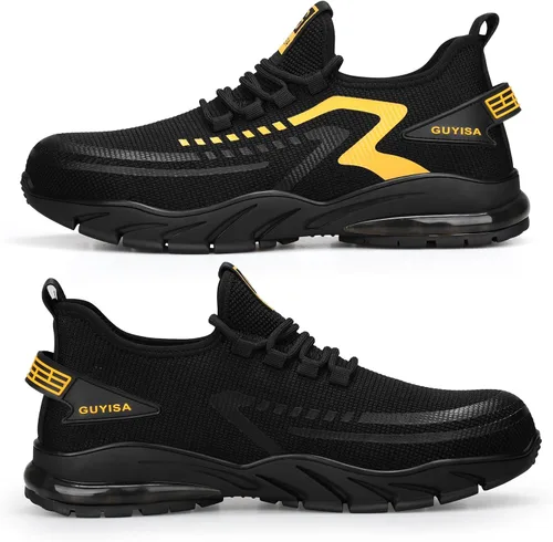 Vista 9 de GLANOUDUN Zapatos con punta de acero para hombre, zapatos de trabajo para hombres, zapatos de seguridad ligeros y cómodos, puntera de acero, zapatos