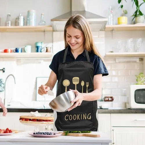 Vista 6 de Yardwe 2pcs Waterproof Kitchen Aprons Set Wear-resistant Polyester Cooking Aprons with Hand Wiping Function Oil-proof Household for Unisex Use in