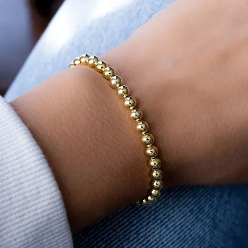 Vista 3 de MOZAKA 14 pulseras de cuentas de oro para mujer, chapados en oro de 14 quilates, pulsera elástica de oro para mujer, apilable