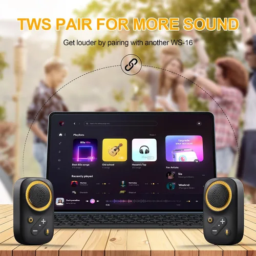 Vista 4 de Altavoz Bluetooth portátil, Bluetooth 5.4 Clip en altavoz inalámbrico con micrófono, función TWS, 12 horas de reproducción, IPX5 impermeable, mini