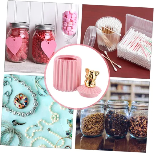 Vista 4 de SHOWERORO Adorable tarro de cerámica de animales, organizador de joyas decorativo con tapa para almacenar collares, pulseras y aretes, diseño