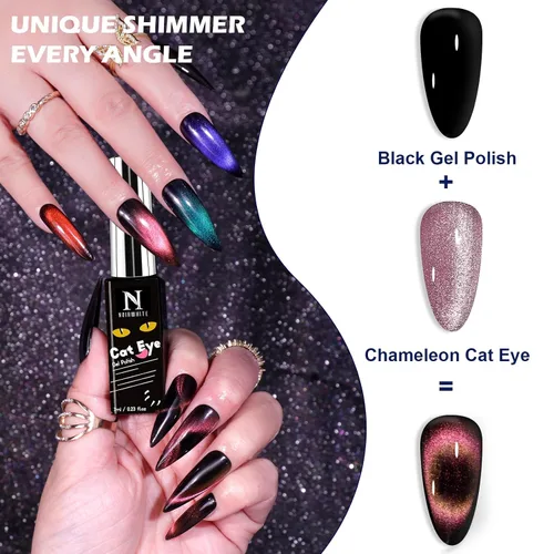 Vista 5 de Kit de esmalte de uñas de gel, 12 colores brillantes con purpurina 9D camaleón ojo de gato, juego de esmalte de uñas de gel con base de luz