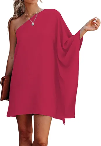Vista 2 de Vestido corto casual de un hombro para mujer, color sólido, para fiesta