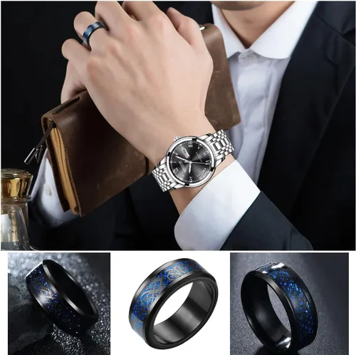 Vista 4 de yfstyle 4 anillos de banda lisa para hombres, anillos de acero inoxidable para hombres, anillos de boda geniales para hombres, anillos giratorios