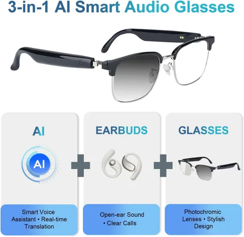 Vista 2 de Gafas inteligentes AI, gafas de audio Bluetooth con traductor en tiempo real para 164 idiomas, sin suscripción para la aplicación, lentes Dorado