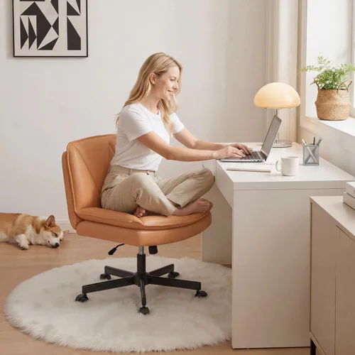 Vista 12 de DurayLoly Silla Criss Cross con Ruedas, Silla de Oficina con Patas Cruzadas con 2 Capas de Cuero Comfty & Back, Silla de Tocador Ancha sin Brazos