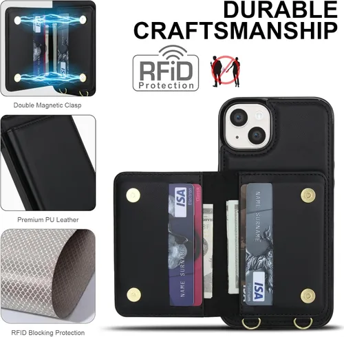 Vista 5 de Funda de teléfono para iPhone 13 Mini de 5.4 pulgadas con protector de pantalla de vidrio templado, correa de muñeca con bloqueo RFID, tarjetero
