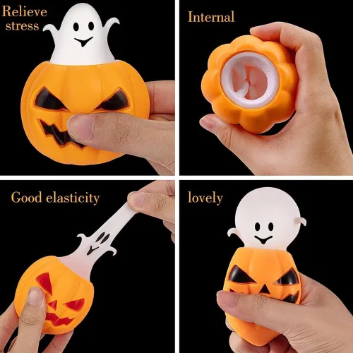 Vista 3 de Juguetes para apretar de Halloween, diseño de calabaza malvada, diseño de calabaza malvada, fantasma, cráneo, murciélago, juguetes para la ansiedad