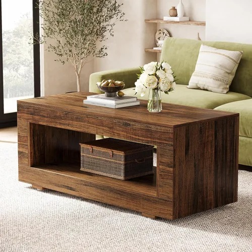 Vista 3 de Tribesigns Mesa de centro de madera para sala de estar, mesa de centro moderna de granja de 43.3 pulgadas con almacenamiento, mesa central
