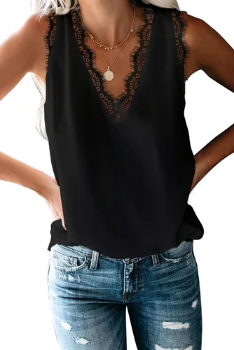 Vista 64 de VIISHOW - Camiseta sin mangas, sexy, con cuello en V y bordes de encaje para mujer, camisola de vestir, camisas de gasa, sin mangas, casuales