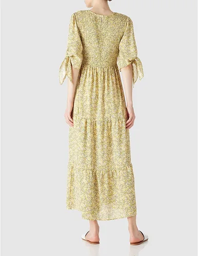 Vista 2 de LUSMAY Vestido largo casual con lazo y manga 34 para mujer, diseño floral, vestido largo fruncido para fiesta de verano