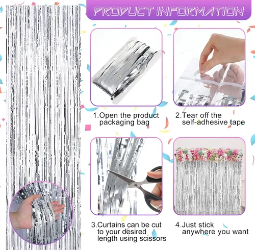 Vista 6 de 20 cortinas metálicas de oropel con flecos de papel de aluminio plateado de 3.28 x 8.2 pies para fiesta de graduación 2026, fotos, cumpleaños, boda