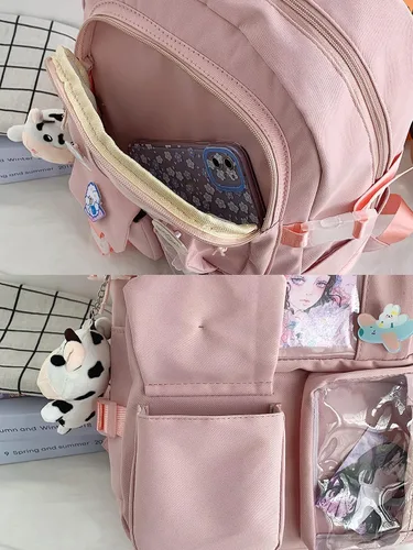 Vista 7 de Mochila Kawaii con alfileres Kawaii mochila escolar linda mochila estética linda mochila Kawaii para la escuela, Beige, With Accessories