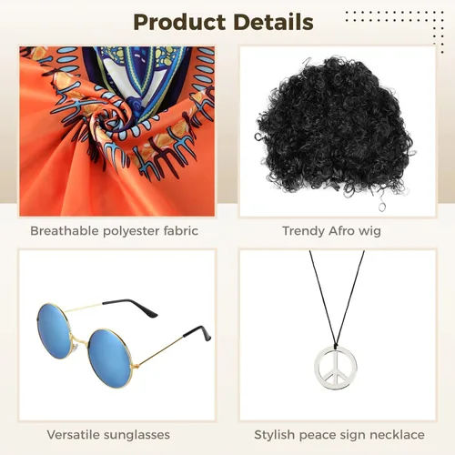 Vista 4 de SalLady Juego de disfraz hippie de 4 piezas, kit de trajes retro de los años 60 y 70 para hombre, incluye camisa hippie, peluca afro negra, lentes