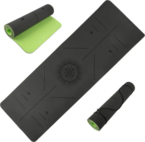 Vista 3 de Esterilla de yoga antideslizante con marcas de alineación – Esterilla de ejercicio ligera con correa de transporte para entrenamiento en casa o Azul