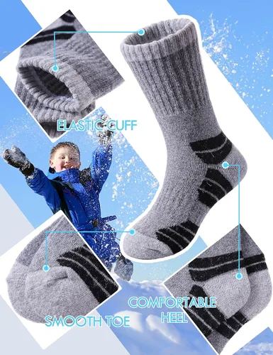 Vista 3 de NOCIN COLOR Calcetines de senderismo de lana merina para niños y niñas pequeños, térmicos, cálidos, para invierno, calcetines de regalo, 6 pares