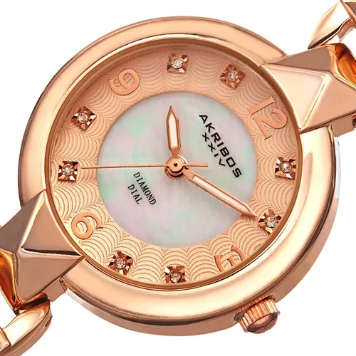 Vista 2 de Akribos XXIV AK755 - Reloj de cuarzo suizo para mujer, esfera de perla con pulsera de corte pirámide