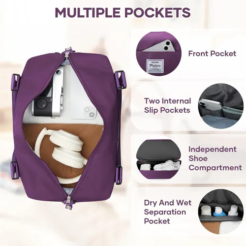 Vista 4 de VECAVE Bolsa de viaje para mujer, bolsa deportiva para gimnasio, E20-Púrpura profundo, Grande, Bolsa de viaje